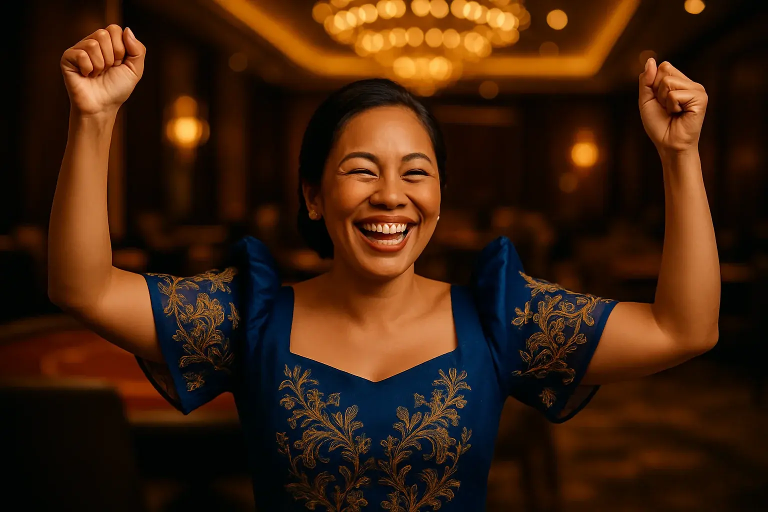 Joyful Filipino woman in Filipiniana dress celebrating in casino VIP lounge