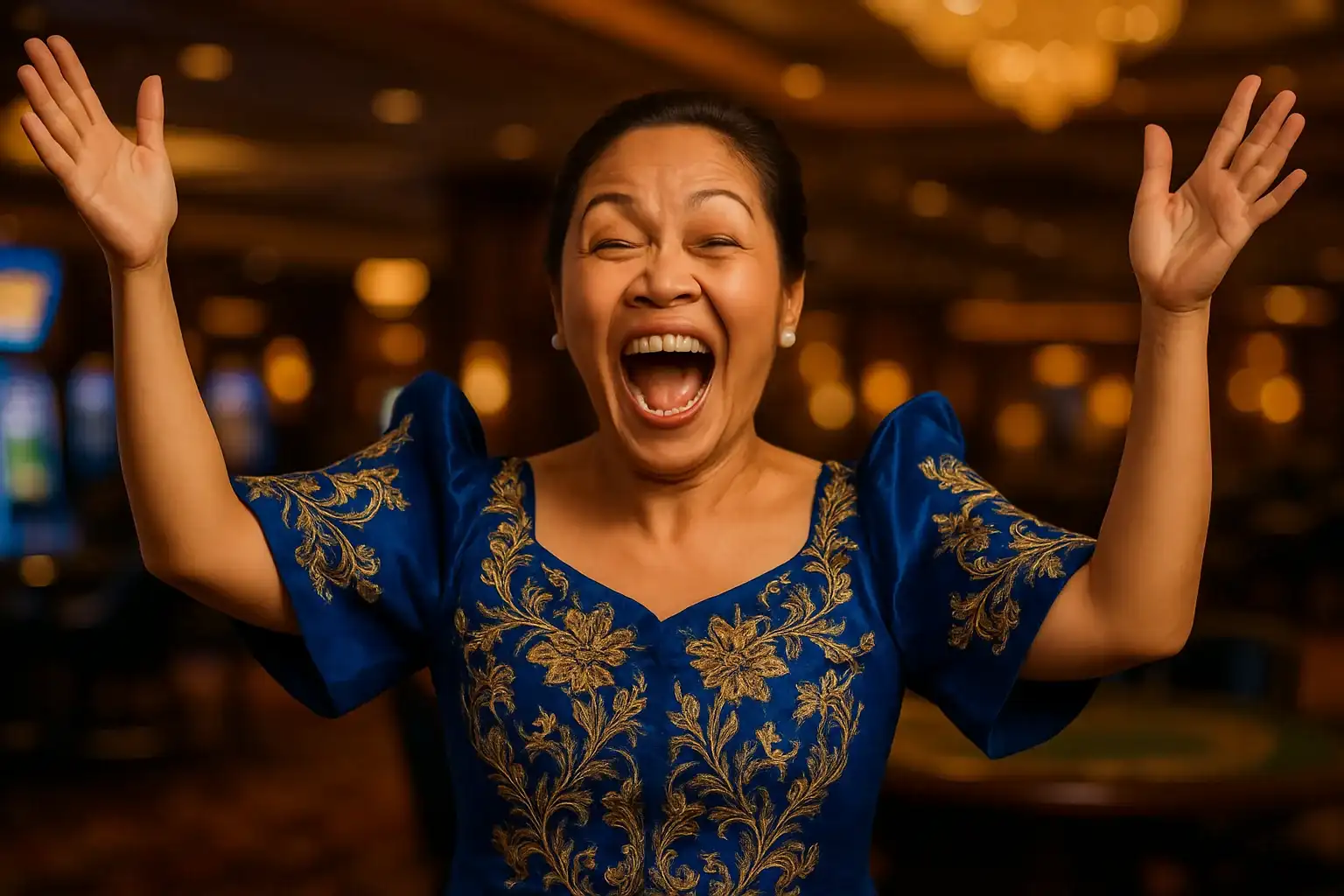 Thrilled Filipino woman in Filipiniana attire celebrating in blurred casino lounge
