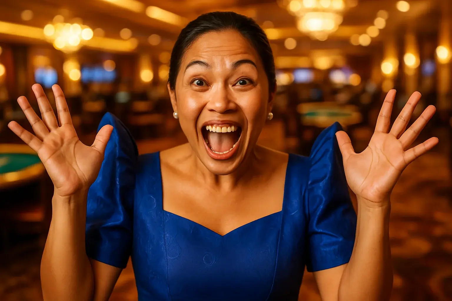 Thrilled Filipino woman in royal blue Filipiniana dress in casino lounge