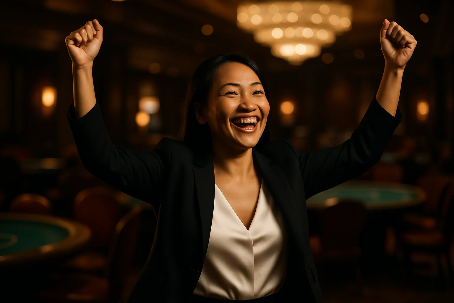 Joyful Filipino woman celebrating with raised arms in VIP casino lounge