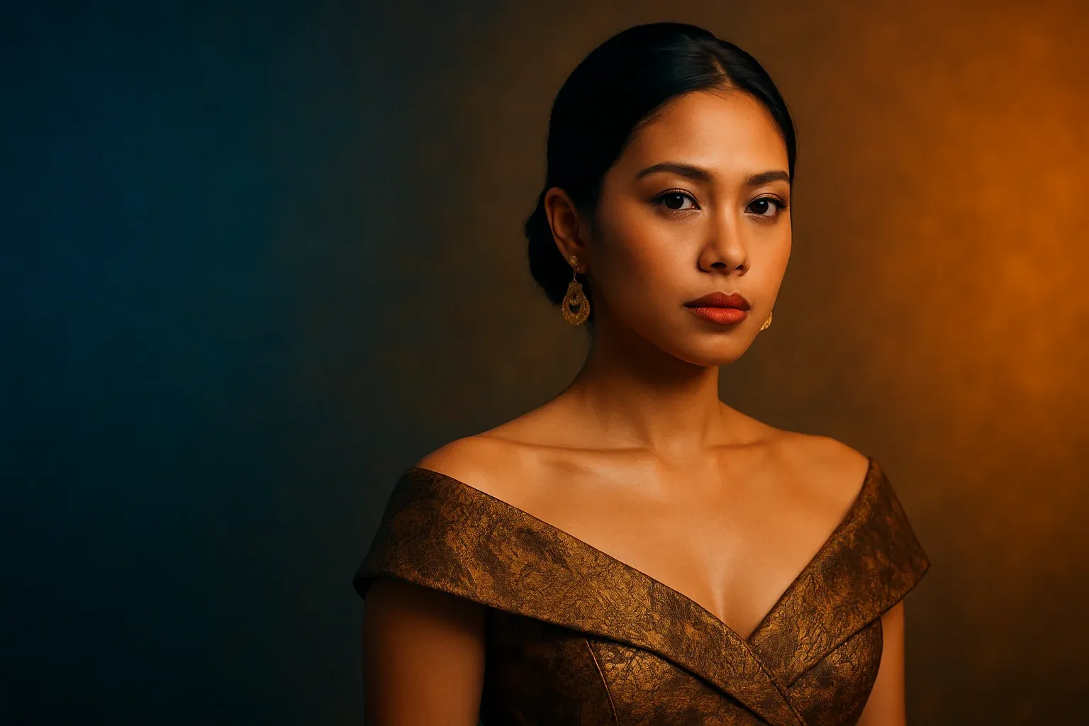 High-resolution portrait of stylish Filipino woman in elegant dress on vibrant blue and gold gradient background
