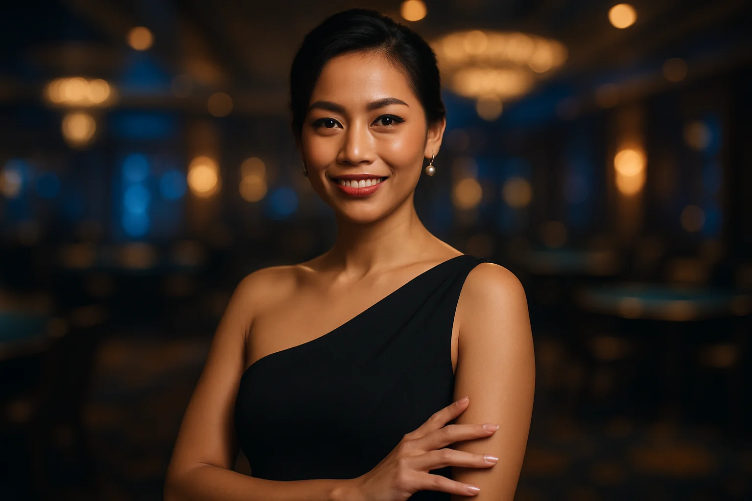 Elegant Filipino woman in evening dress smiling, blurred casino bokeh background