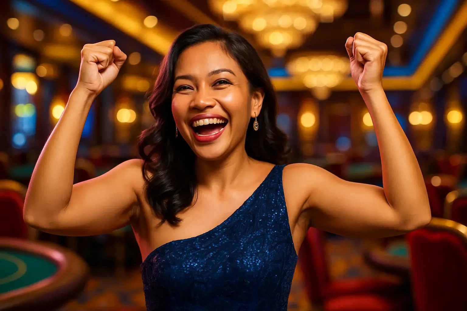 Joyful Filipino woman in elegant dress celebrating casino win, arms raised