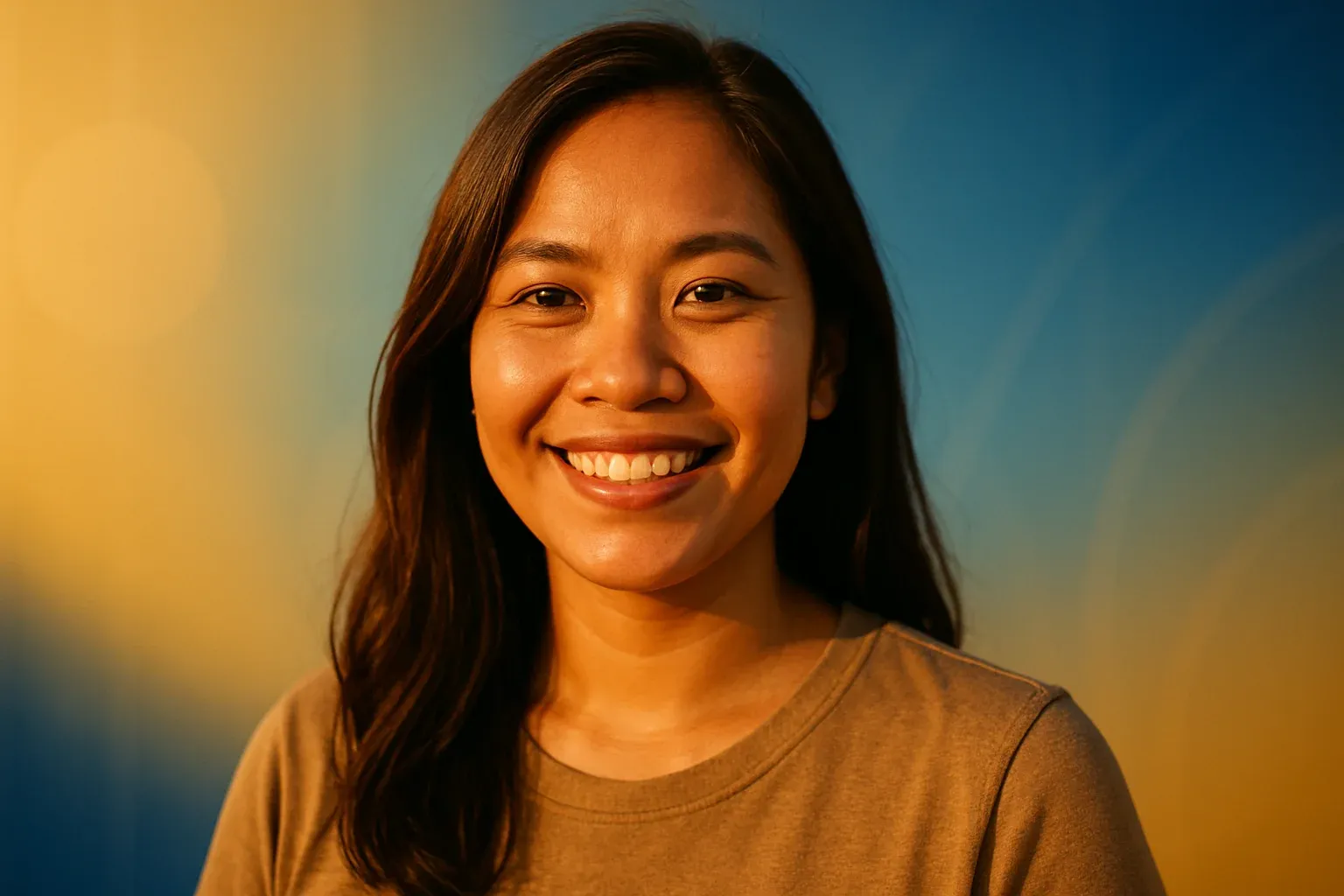 Smiling Filipino woman portrait on abstract blue and gold gradient background