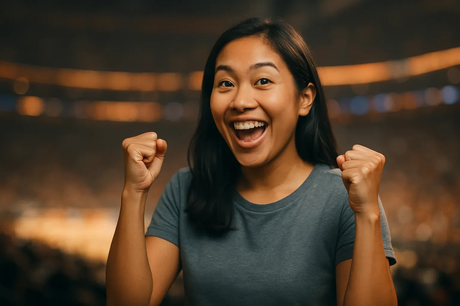 Enthusiastic Filipino woman celebrating with raised fists in blurred arena background