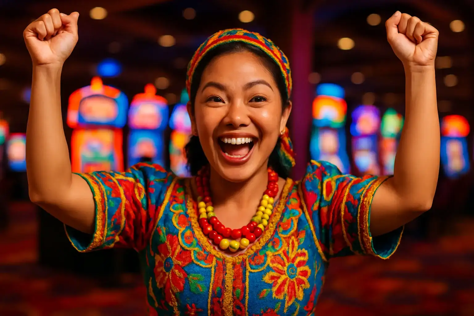 Excited Filipino woman celebrating with raised arms on blurred casino slot floor