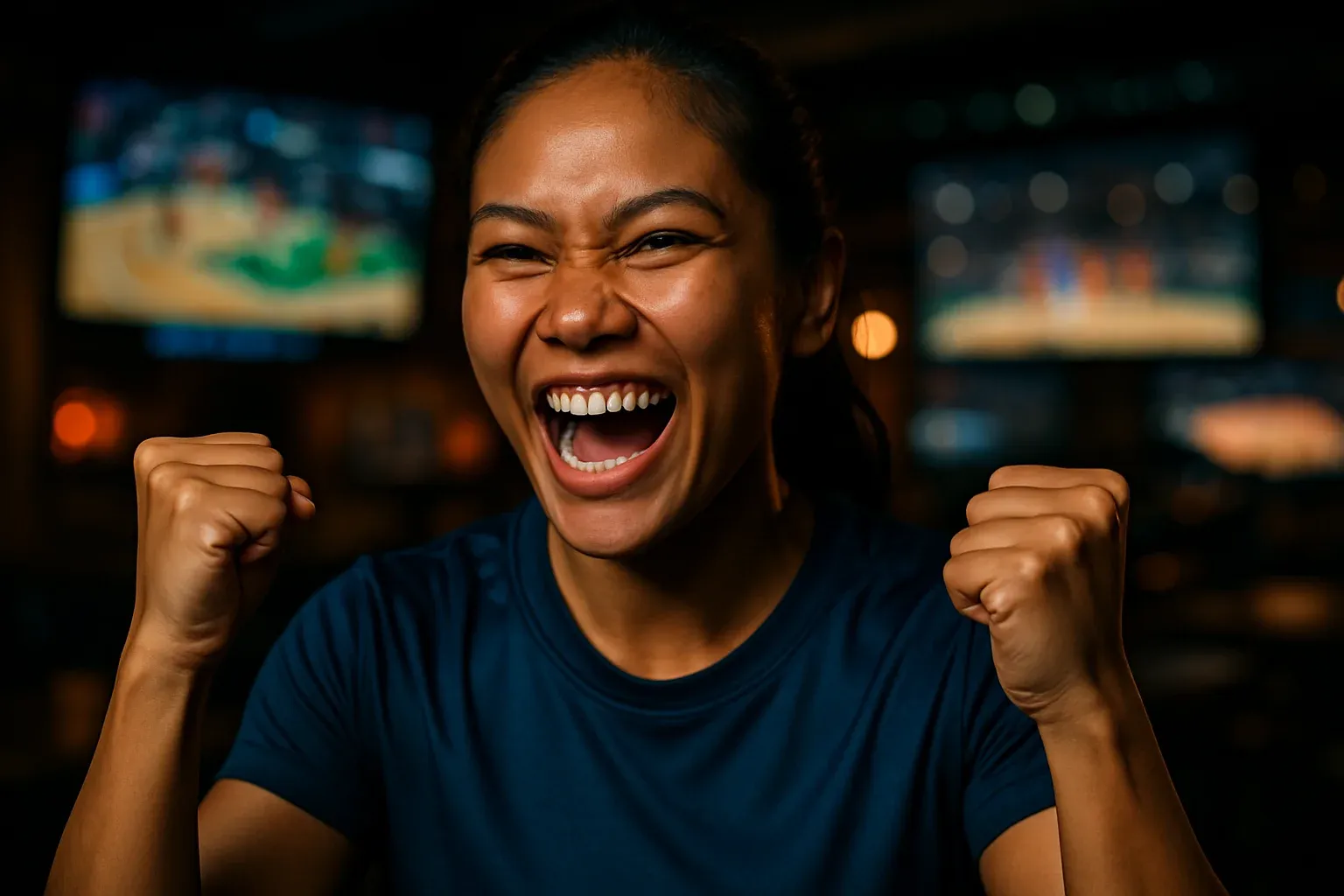 Enthusiastic Filipino woman in sports attire celebrating in a blurred sports bar